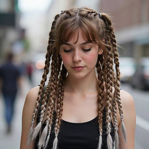 Photograph of a young woman with long, brown braids with white tips, wearing a black tank top, standing on a blurred city street. She