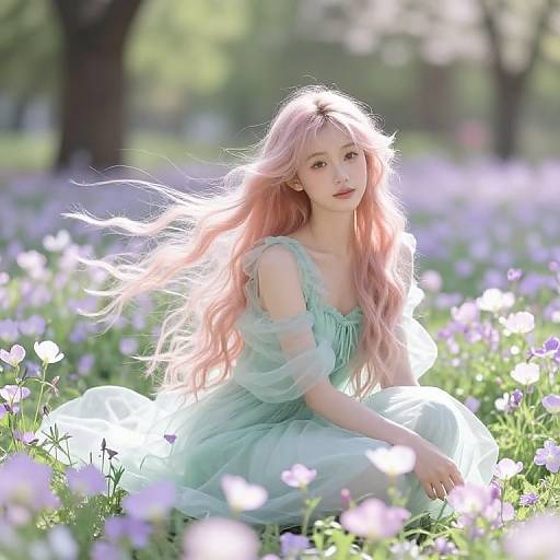 Photograph of an ethereal Asian woman with long pink hair, wearing a light green, sheer dress, kneeling in a sunlit field of purple and