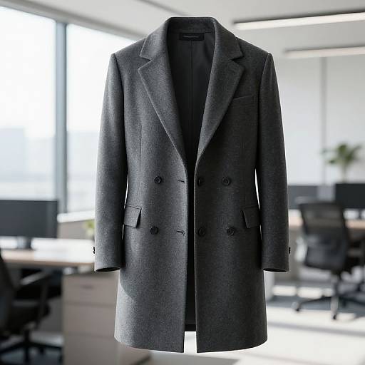 Photograph of a dark gray, double-breasted overcoat displayed in a modern, sunlit office with blurred desks and chairs in the background.