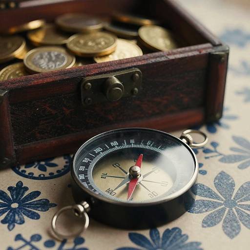 Photograph of a vintage wooden box filled with gold coins, with a black compass featuring a red needle in the foreground on a blue floral-patterned surface
