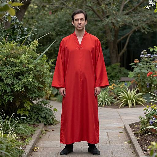 Photograph of a serious, dark-haired man in a long, vibrant red robe standing on a garden path surrounded by lush greenery and colorful flowers.