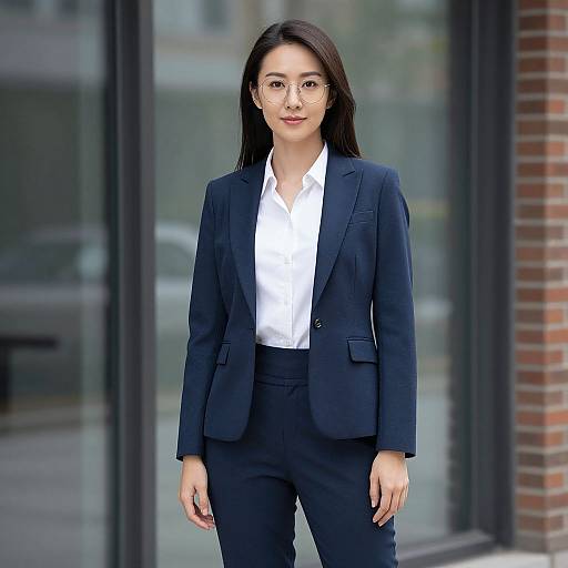 Photograph of an Asian woman with long black hair, wearing a navy blazer, white shirt, and black pants, standing in front of a glass