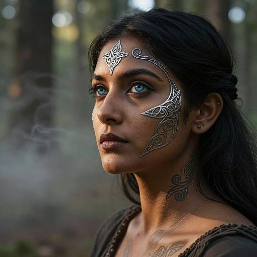 Photograph of a young woman with dark brown skin and blue eyes, wearing intricate silver facial markings, in a misty forest.