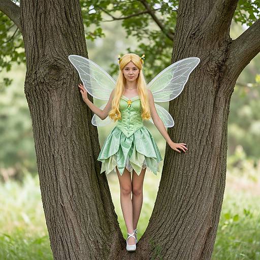 Photograph of a blonde fairy with green dress, translucent wings, and yellow hair clip, standing between two trees in a sunlit forest.