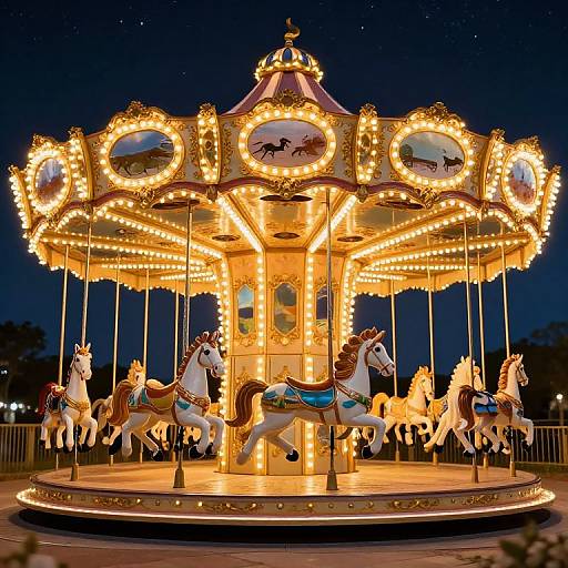 Glowing, ornate carousel at night with illuminated golden lights, white and brown horses, and circular mirrors against a dark blue sky.