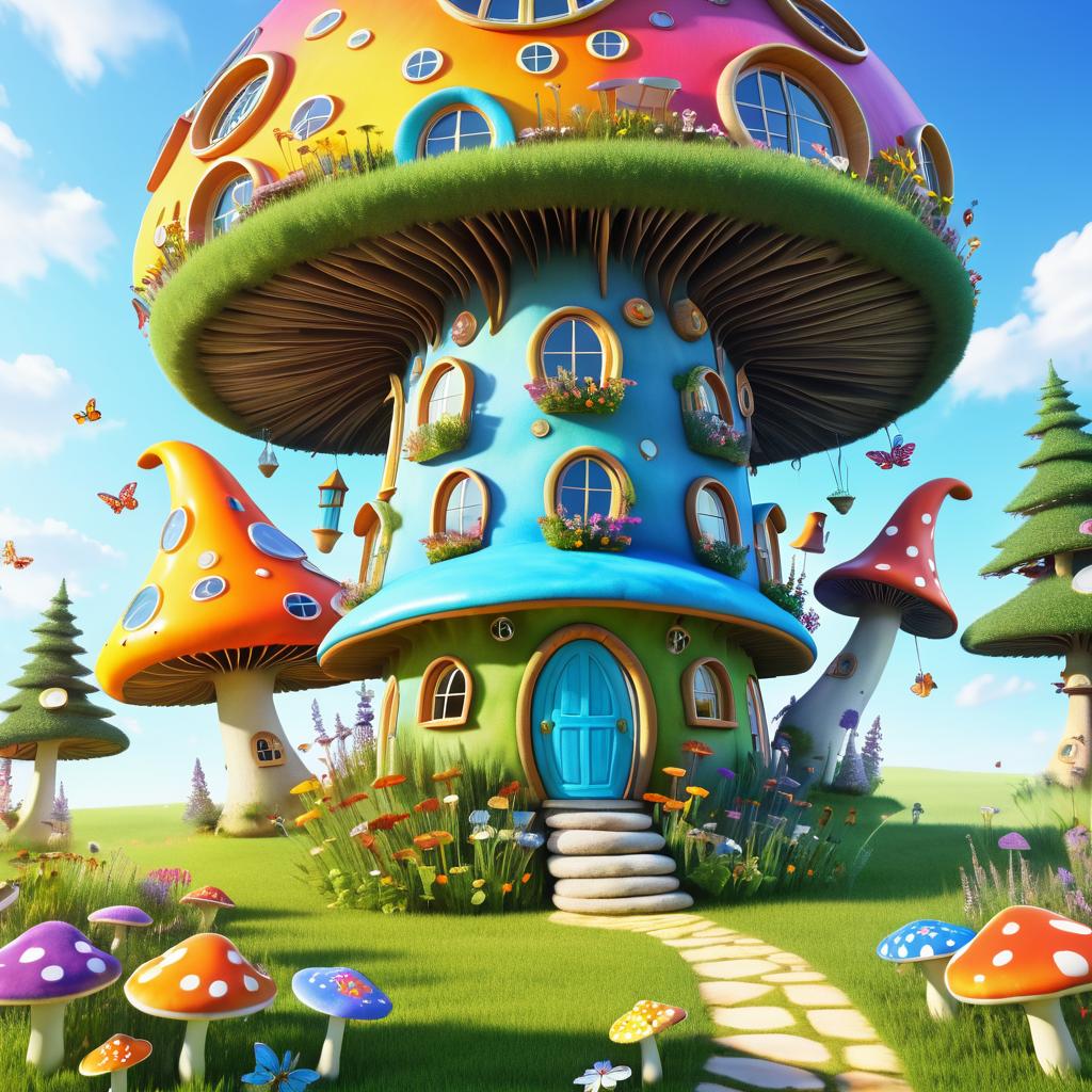 Whimsical Mushroom House in Vibrant Meadow