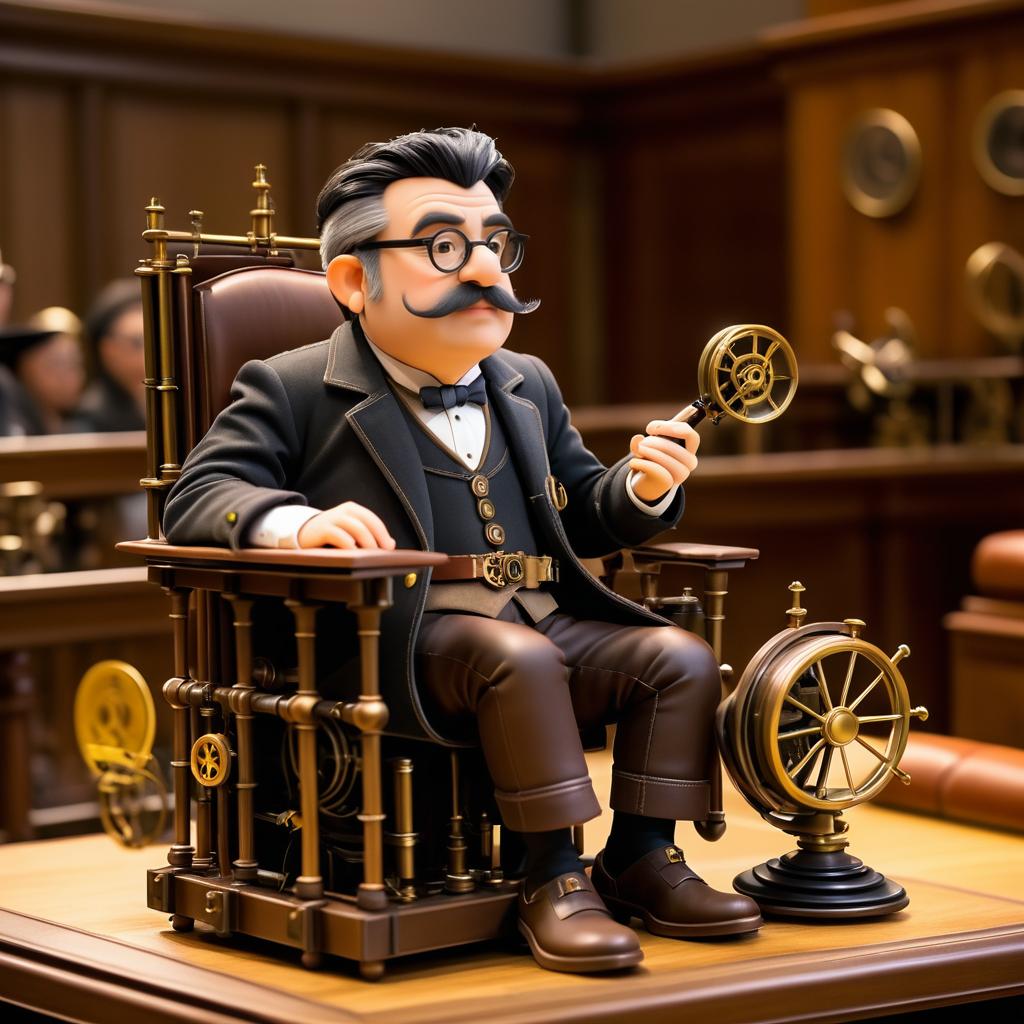 Animated Pixar Courtroom with Steampunk Inventor