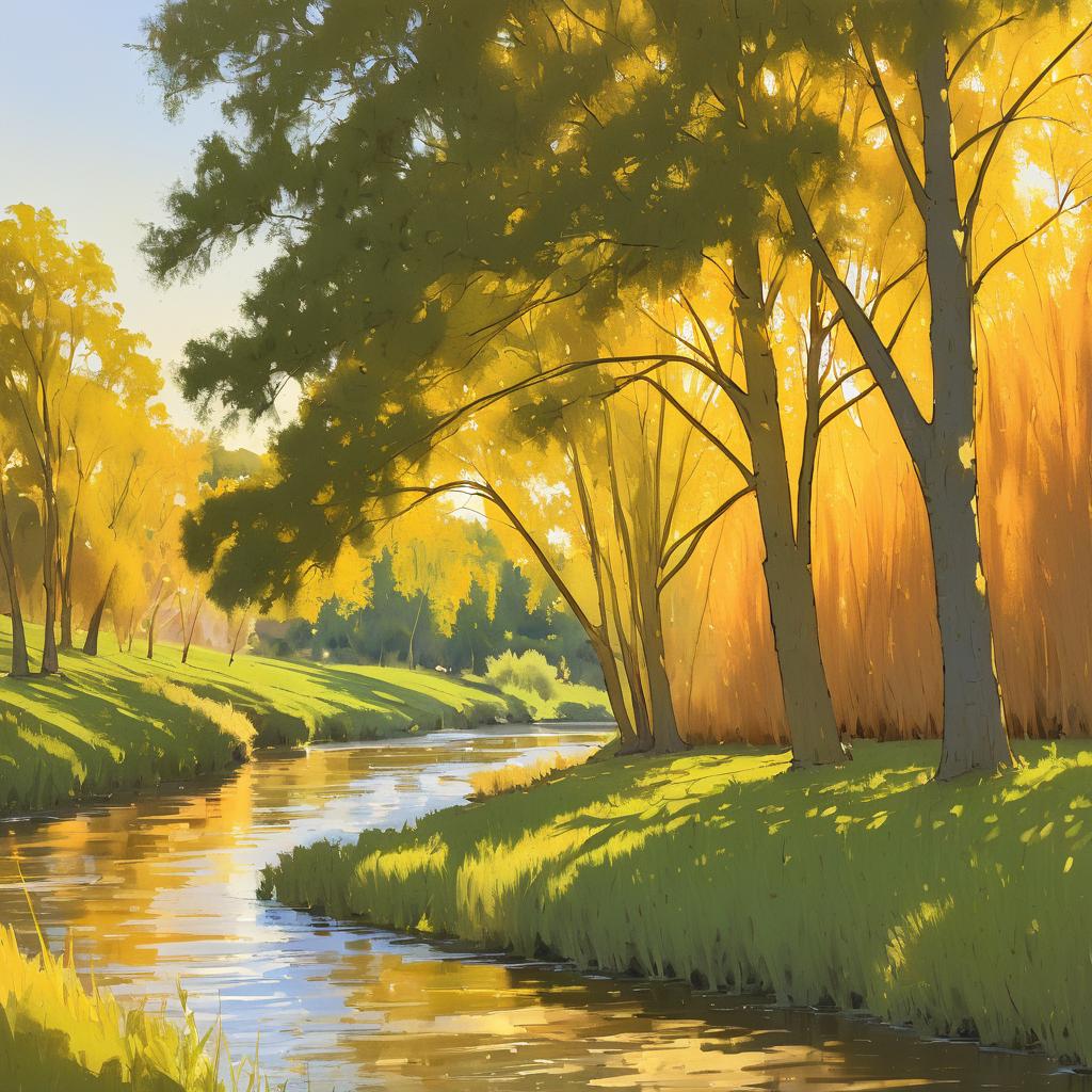 Tranquil Riverbank in Golden Afternoon Light