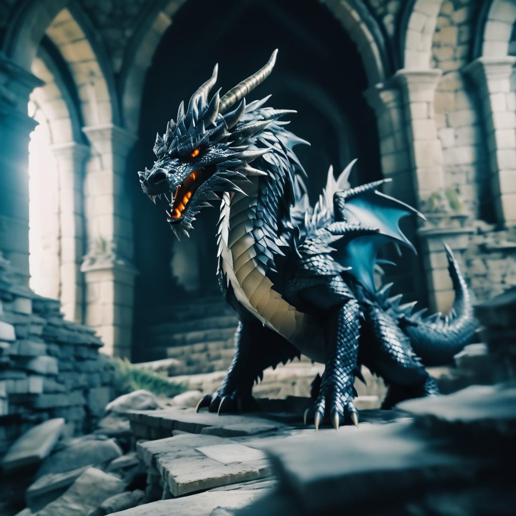 Majestic Dragon in Ruined Castle Scene