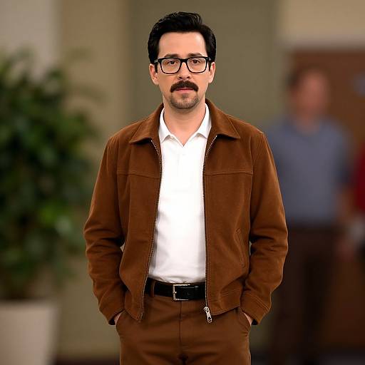 Photorealistic CGI of a bespectacled man with black hair and mustache, wearing a brown suede jacket, white shirt, and brown pants