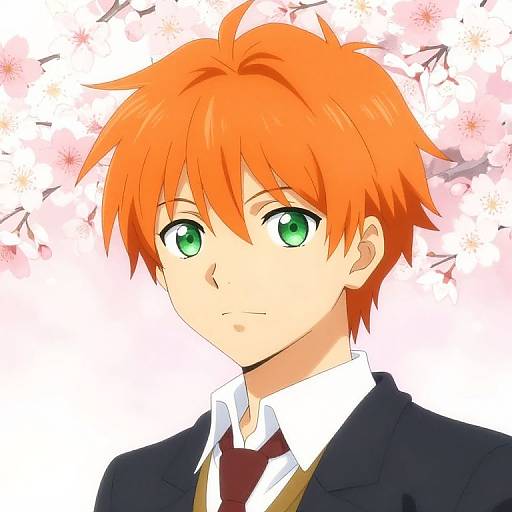 Digital anime-style portrait of a young boy with vibrant orange hair, green eyes, wearing a white shirt, dark blazer, and red tie, against