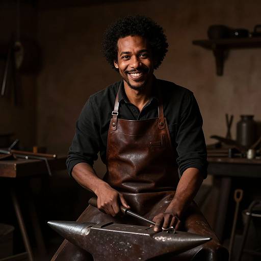 Photograph of a smiling, dark-skinned man with curly hair, wearing a black shirt and brown leather apron, working as a blacksmith in