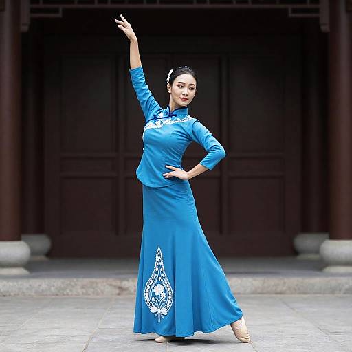 Photograph of an Asian woman in a blue traditional Chinese dance dress, performing a graceful pose with one arm raised, against a dark wooden building backdrop.