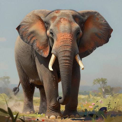 Photorealistic digital artwork of a large African elephant with reddish-brown ear and head accents, standing on a grassy savanna under a clear