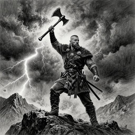 Black-and-white digital drawing of a bearded Viking warrior with armor, holding a glowing axe, standing on a rocky mountain during a lightning storm.