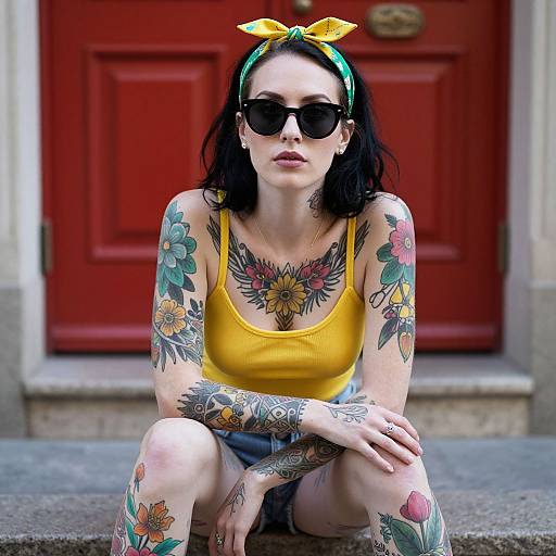 Tattooed Woman with Sunglasses and Headband