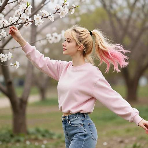 Photograph of a blonde woman with pink-tipped ponytail, pink sweater, and blue jeans, reaching for cherry blossoms in a spring park.