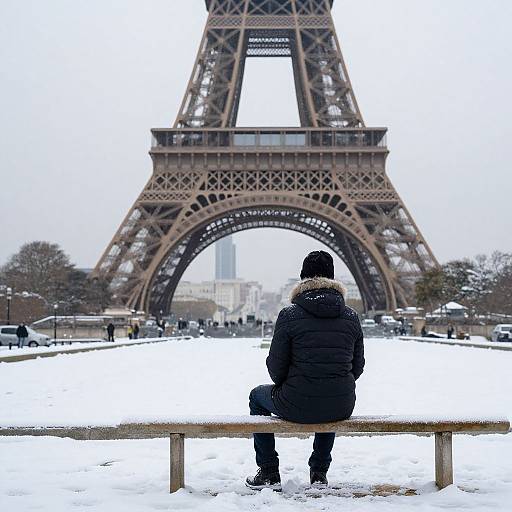 Photograph of a person in a black winter coat, sitting on a snow-covered bench, facing the Eiffel Tower on a cloudy day.