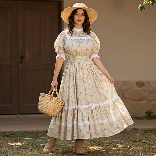 Photograph of a curvy woman with dark curly hair, wearing a cream floral dress, puffed sleeves, straw hat, and beige boots, holding