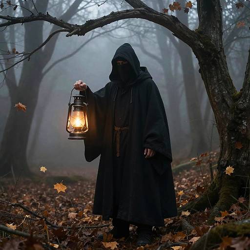 Mysterious Hooded Figure with Lantern in Foggy Forest