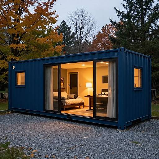Photograph of a modern, dark blue, rectangular tiny house with large glass windows, warmly lit interior, surrounded by autumn trees.