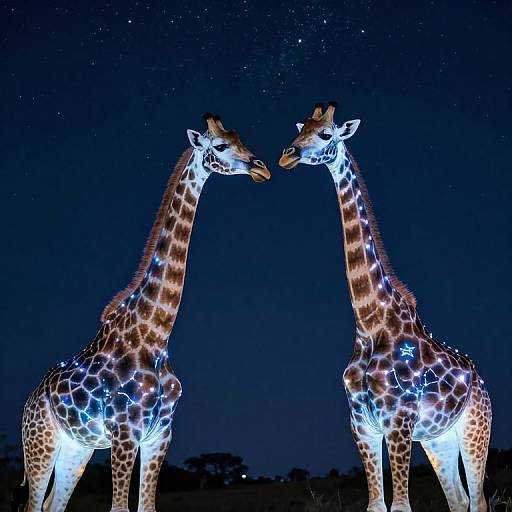 Photograph of two glowing giraffes standing face-to-face at night, illuminated by blue and white lights against a dark, starry sky.
