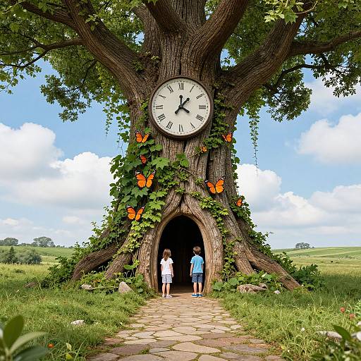 Photograph of a giant tree with a clock, orange butterflies, and an arched doorway, where two children stand, on a stone path in a