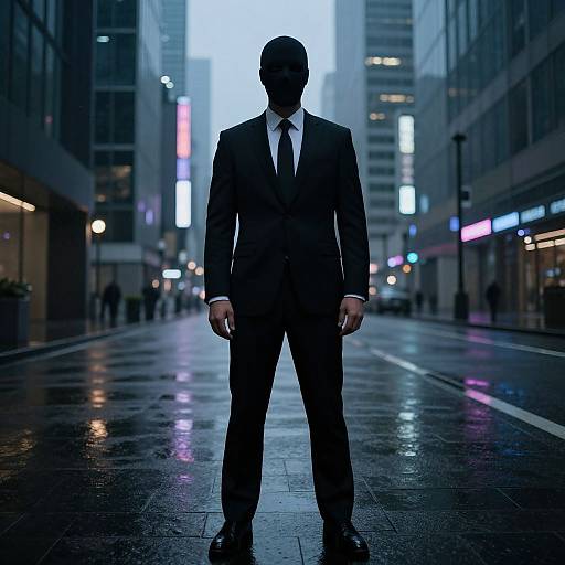 Silhouetted businessman in black suit, white shirt, and tie stands in wet, neon-lit urban street at dusk, with blurred city lights