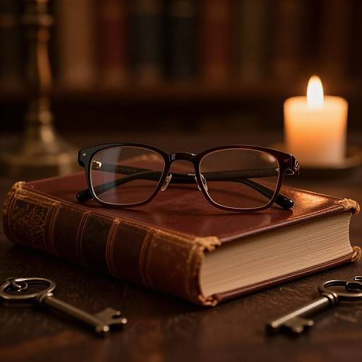 Photograph of black-rimmed glasses on an old leather-bound book, with a lit candle and keys on a dark wooden table.