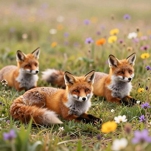 Photograph of three red fox kits with orange fur and white bellies, lying in a colorful meadow of flowers.