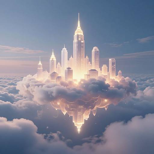 Digital CGI image of a futuristic city skyline on a floating cloud, glowing neon lights, reflected below, against a blue sky.
