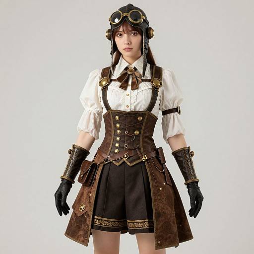 Steampunk-inspired photograph of an Asian woman with brown hair, wearing goggles, white blouse, brown corset, black skirt, brown gloves, and