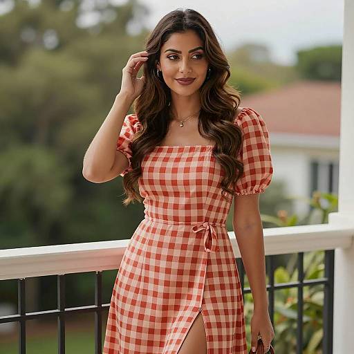 Woman in Checkered Dress on Balcony
