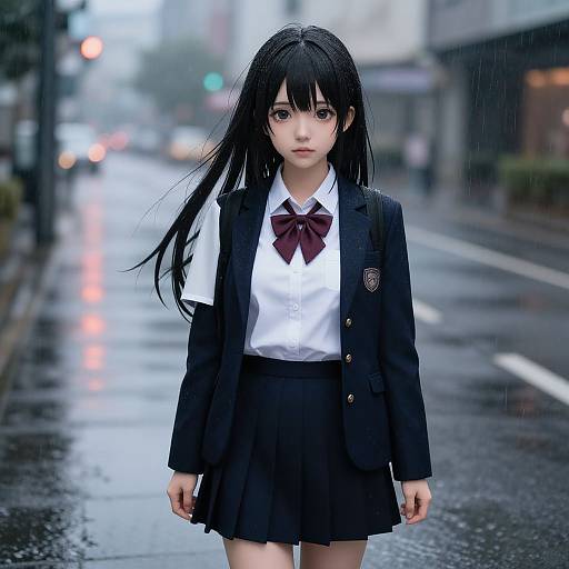 Anime Waifu in Rainy Cityscape
