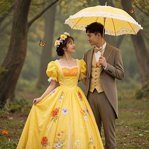 Photograph of an Asian couple in a forest, wearing yellow Victorian-style attire; she in a floral dress, he in a brown suit with yellow vest