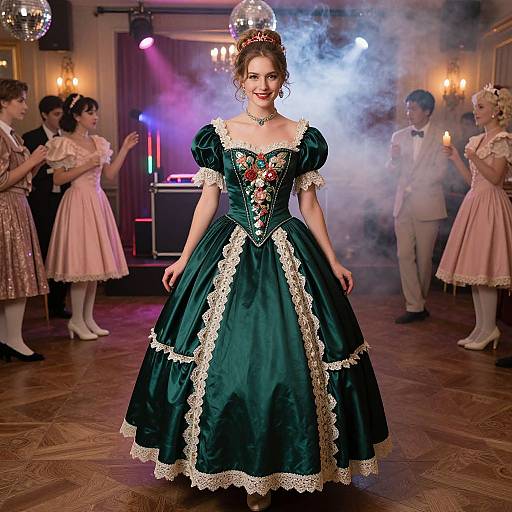 Photograph of a young woman in a green, lace-trimmed ball gown with colorful embroidery, standing in a smoky ballroom with dancers in