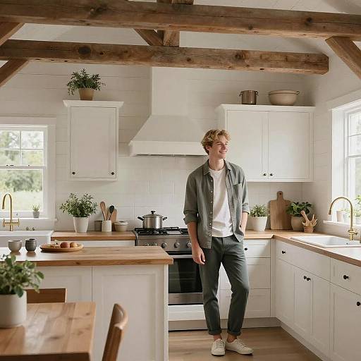 Photograph of a young man with blond hair, wearing a gray shirt, white tee, black pants, and white sneakers, standing in a bright,