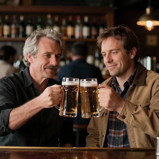 Two Middle-Aged Men Clinking Beer Mugs