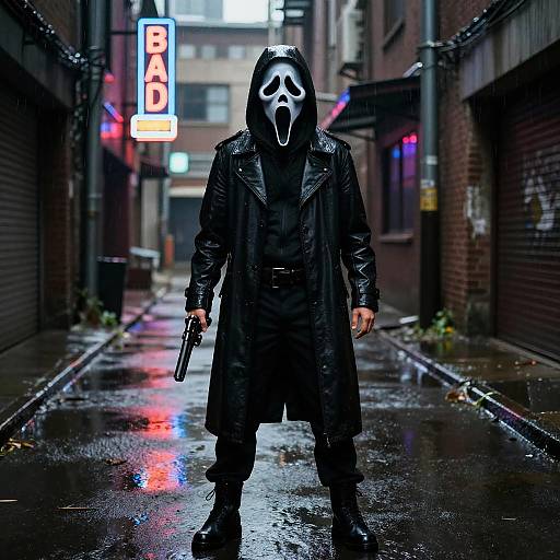 Ghostface in Neon-lit Urban Alley