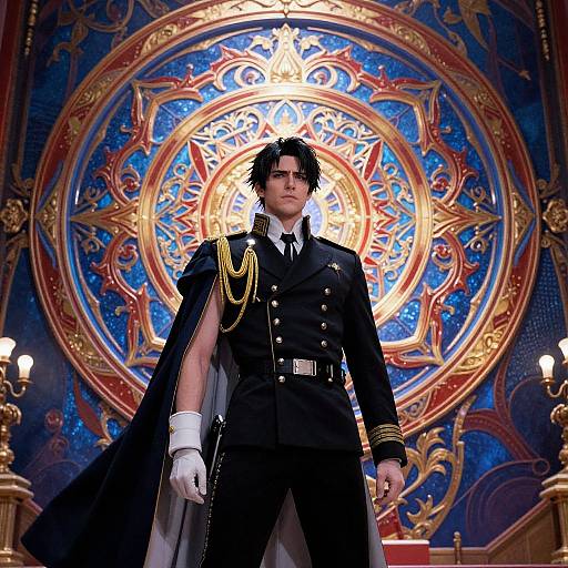 Photograph of a black-haired, fair-skinned man in a black military-style uniform with gold chains, white gloves, and a flowing cape, standing