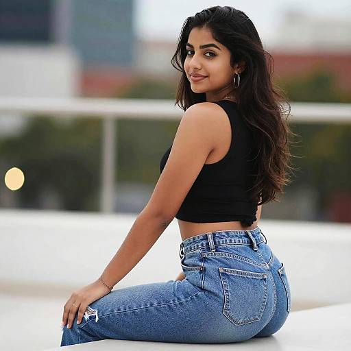 Photograph of a young woman with long dark hair, wearing a black crop top and high-waisted blue jeans, seated outdoors with a blurred urban