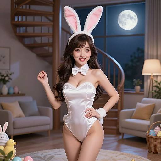 Photograph of an Asian woman in a white bunny costume with pink ears, bowtie, and wrist cuffs, standing in a cozy living room at night
