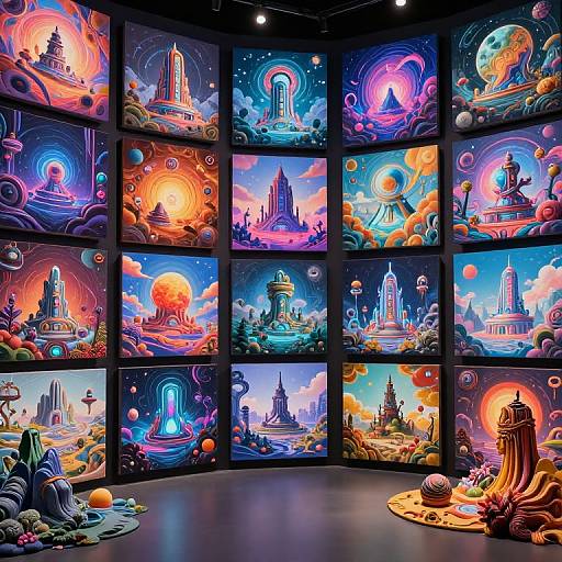 Vibrant digital art gallery display with neon-colored, cosmic-themed paintings of futuristic temples and celestial landscapes, surrounded by glowing orbs.