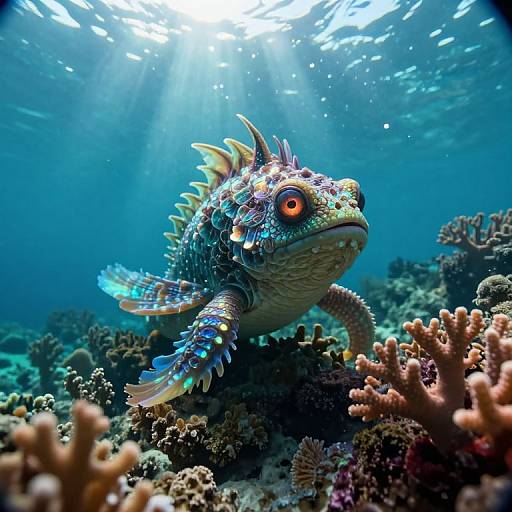 Photograph of a colorful, ornate, fish-like creature with spiky scales and vivid orange eyes, swimming over a vibrant coral reef underwater, illuminated