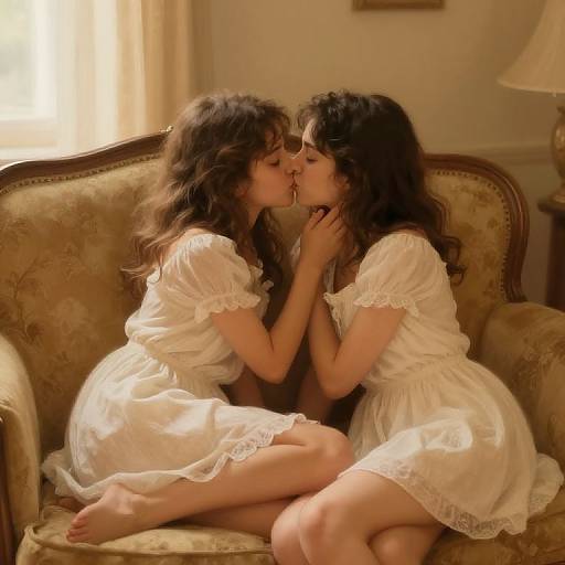 Photograph of two young women with curly brown hair, kissing on an ornate, beige armchair, wearing white, lace-trimmed nightd