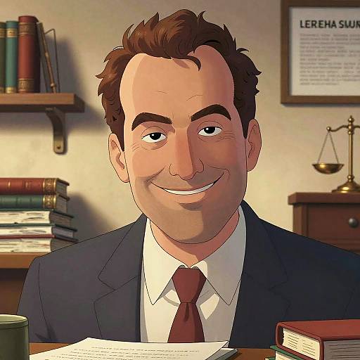 Cartoon illustration of a smiling, balding, middle-aged man in a dark suit, white shirt, and red tie, sitting at a desk with