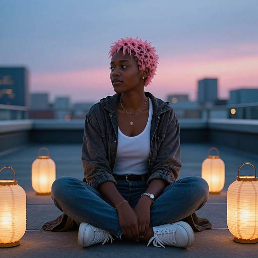 Photograph of a young Black woman with pink curly hair, sitting cross-legged on a rooftop at sunset, surrounded by glowing lanterns.
