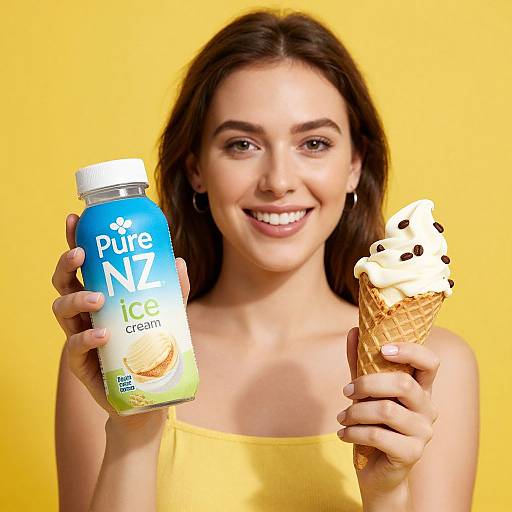 Photograph of a smiling young woman with long brown hair, wearing a yellow strapless top, holding a Pure NZ Ice Cream container and a scoop ice