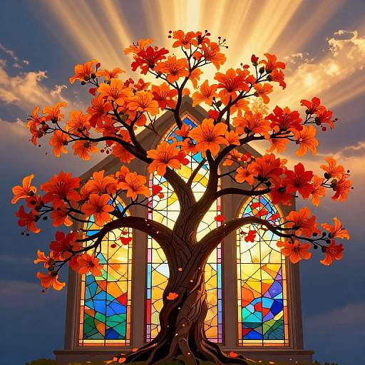 Digital artwork of a vibrant orange-flowered tree in front of radiant stained glass windows, with sunlight beams streaming through.