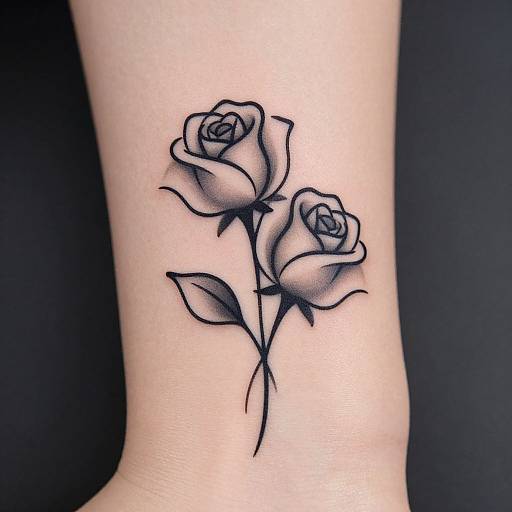 Black ink tattoo of two detailed, shaded roses with green leaves on pale skin, positioned vertically on a wrist.